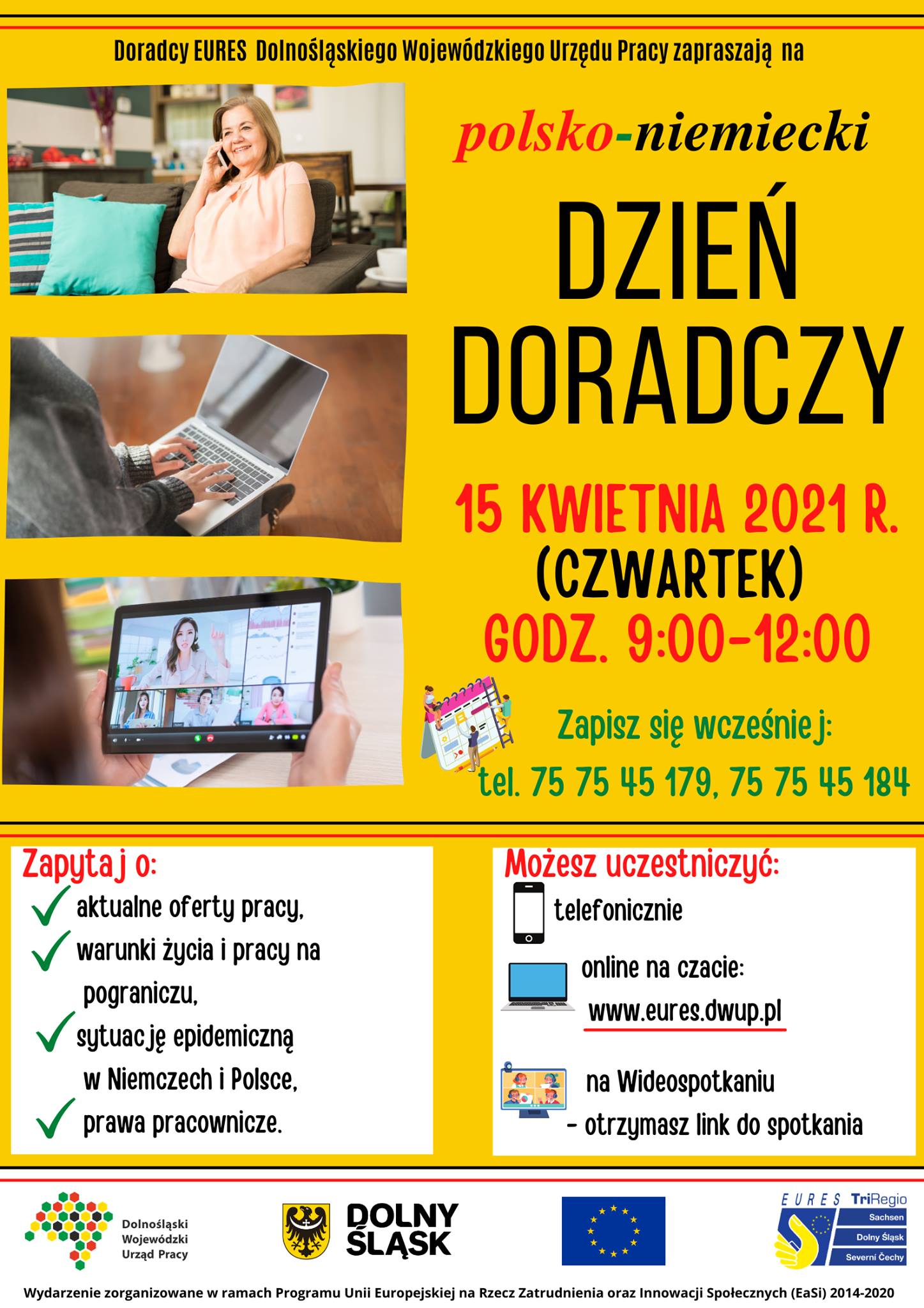 Żółty plakat informujący o dniu doradczym 15 kwietnia 2021