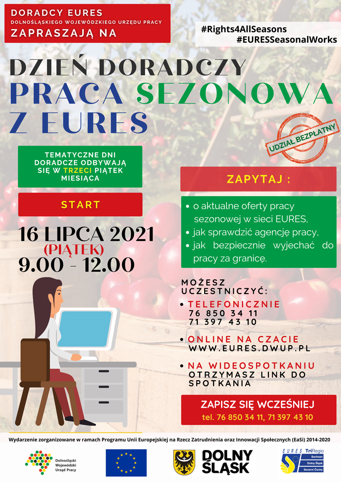 Plakat informujący o dniu doradczym - praca sezonowa za granicą w dniu 16.07.2021