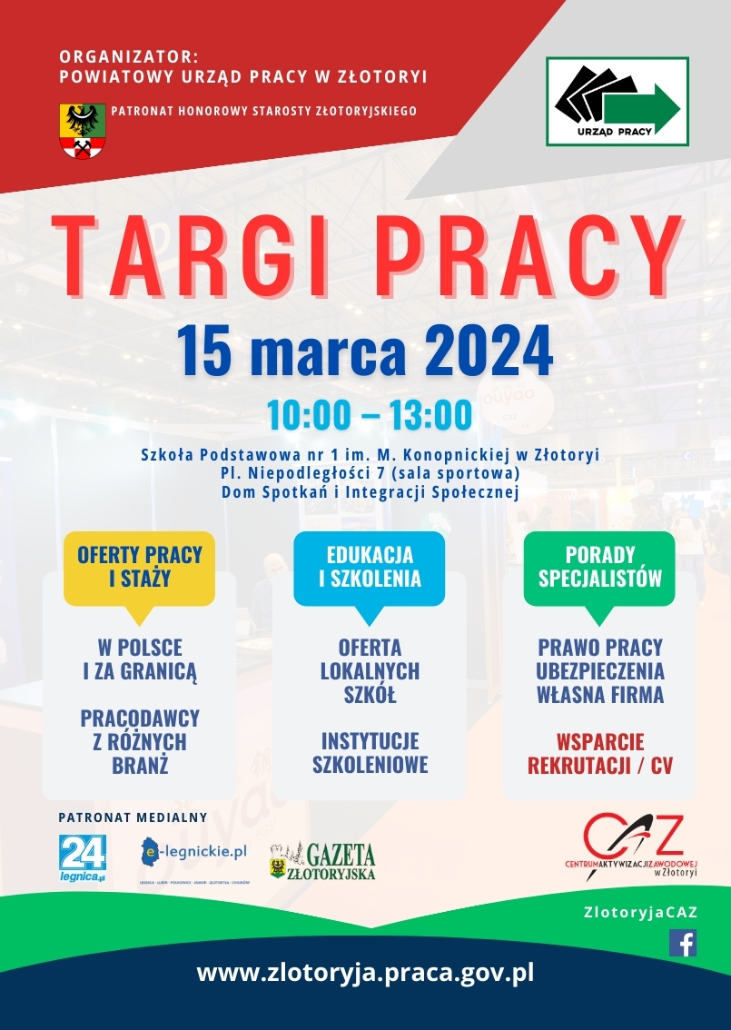 Plakat informujący o Targach Pracy w Złotoryi w dniu 15 marca 2024